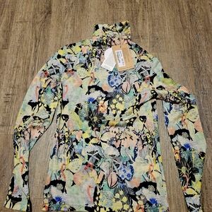 Gorman x Michelle Morin Multi-Color Floral/Fauna Mock Neck LS Top XS NWT